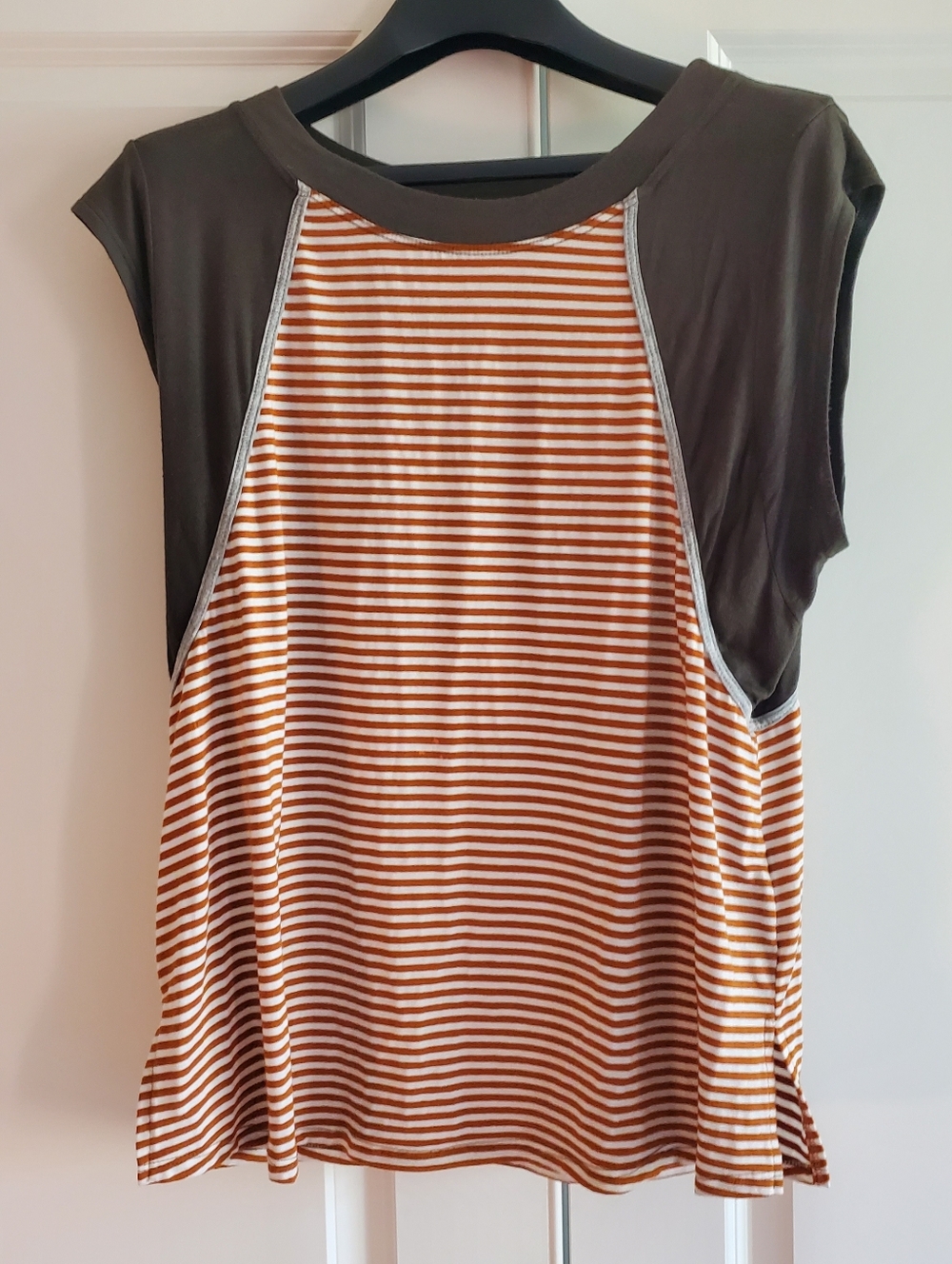 Betsey's Boutique Shop Summer Top, Striped Orange/Brown, White, Olive, Med.